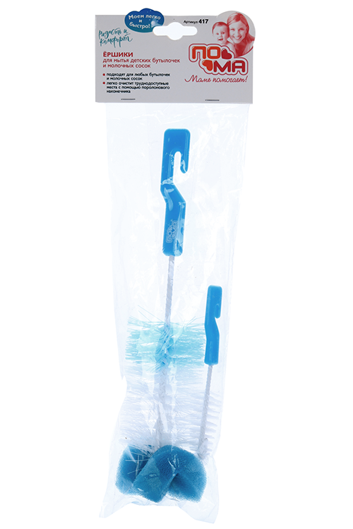 Набор ершиков Пома д/мытья бутылочек/молоч сосок большой с губкой и маленький розов (417), 2 шт